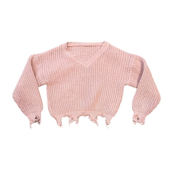 SHEIN | Light Pink Distressed V-Neck Sweater for Little Girls - Picture 1 of 6